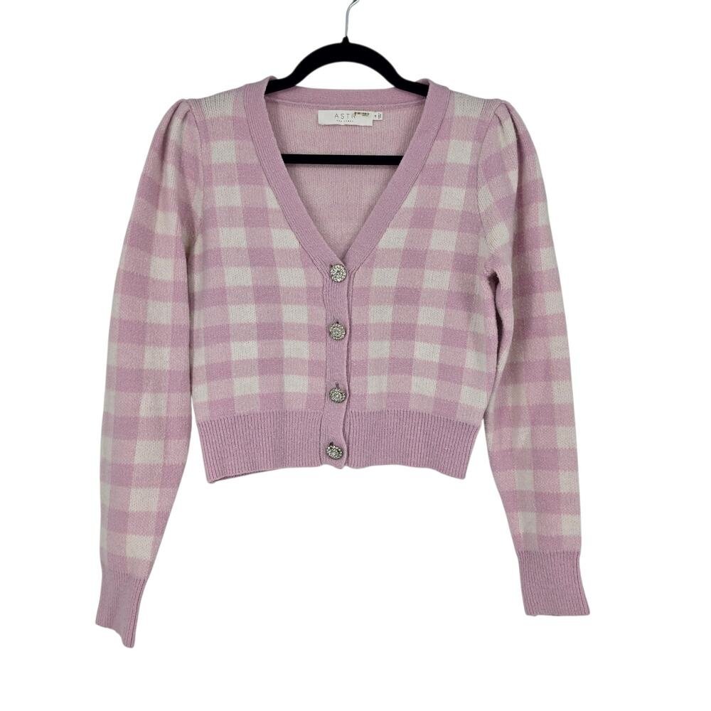 ASTR The Label Pink Check Plaid Picnic Puff Sleeve Cropped Cardigan Size M